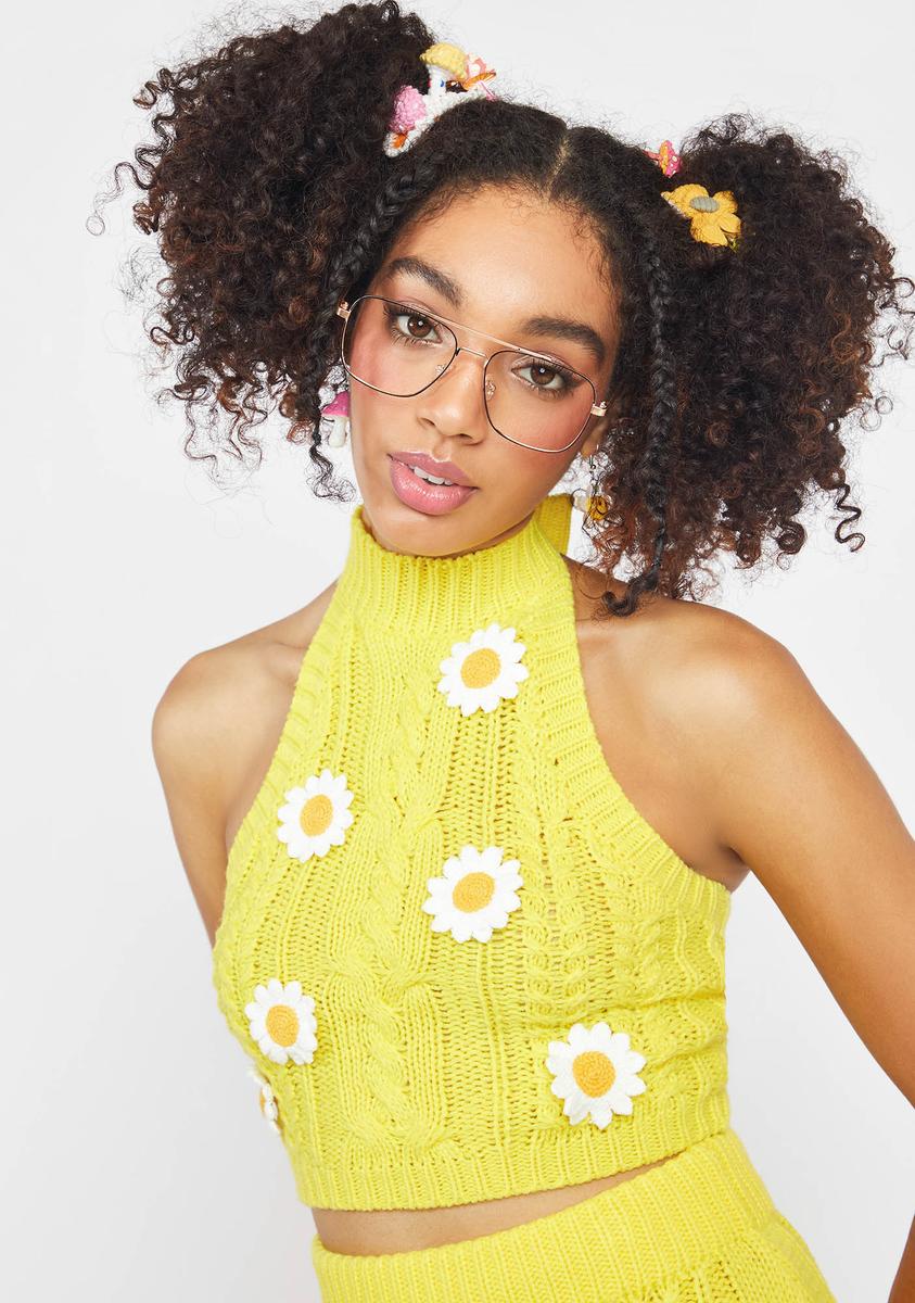 Cable Knit Mock Neck Sweater With Daisy Appliques - Yellow – Dolls Kill