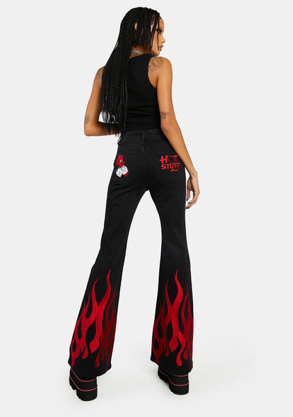 Dolls Kill x Hot Stuff Casper Embroidered Flame Flare Jeans   Black