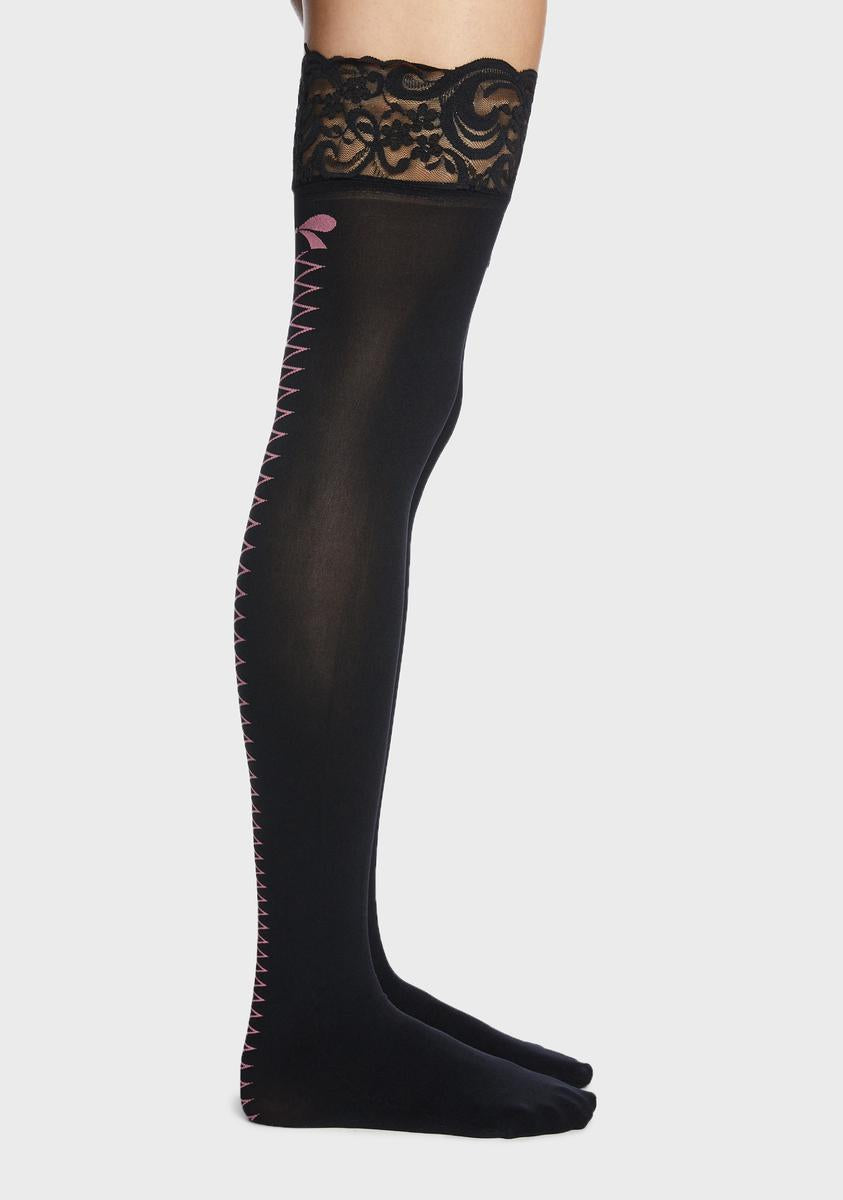 Graphic Lace Up Silicone Lace Stockings Black/Pink Dolls Kill