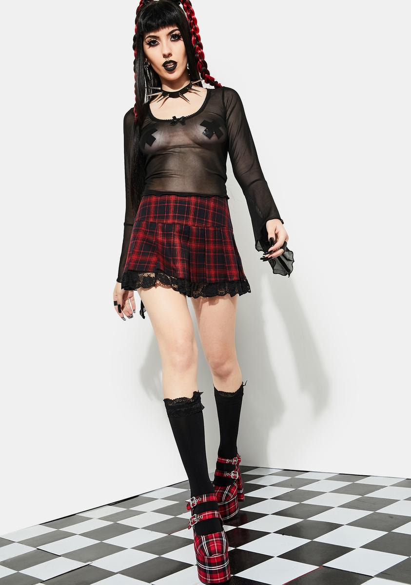 Current Mood Plaid Pleated Skirt With Lace Trim - Red – Dolls Kill