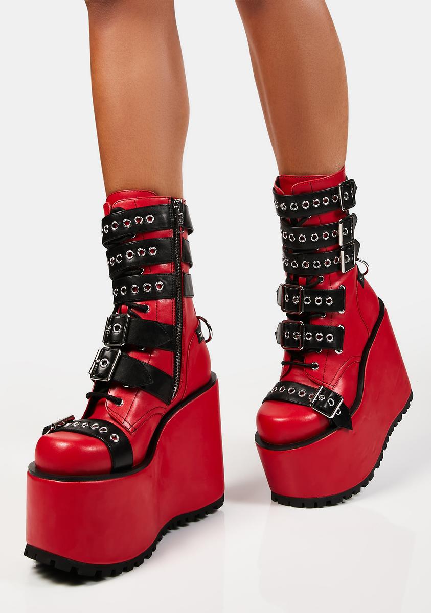 Current Mood Vegan Leather Contrast Buckle Wedge Boots – Dolls Kill