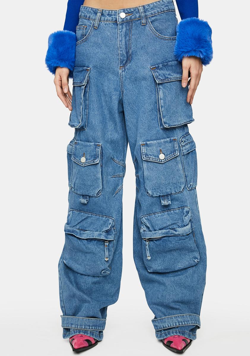 The Kript Low Waist Baggy Denim Cargo Pants BlueNN Dolls Kill