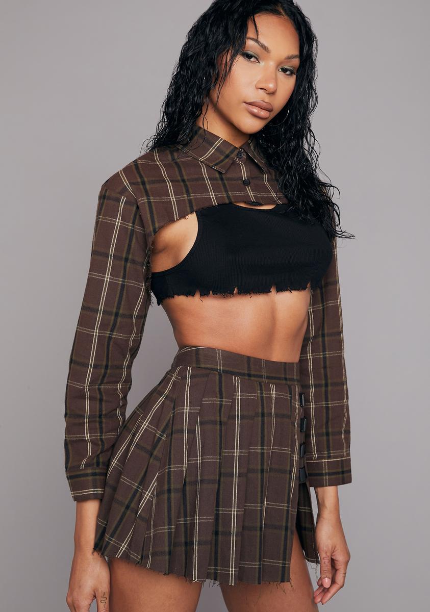 Shirt Brown Black Plaid Skirt Shein Girls Long Sleeve Black T