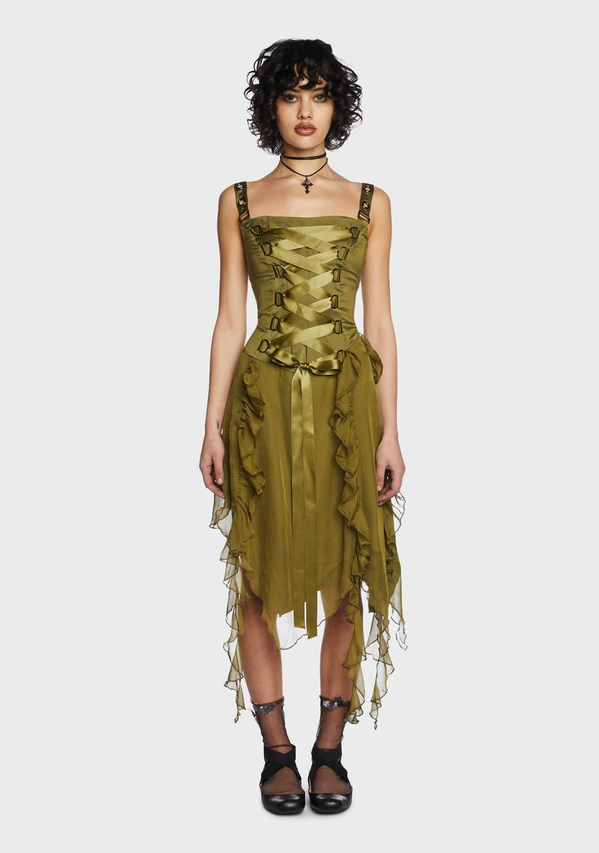 Current Mood Lace Up Ruffle Asymmetric Midi Dress