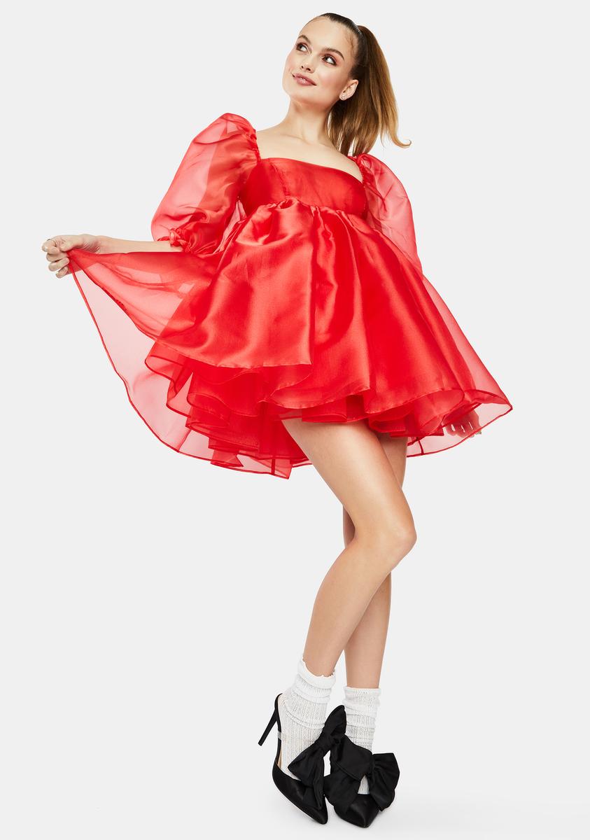 red babydoll dress puff sleeve Wine Red Mini Dress - Organza Babydoll Dress - Long Sleeve Dress