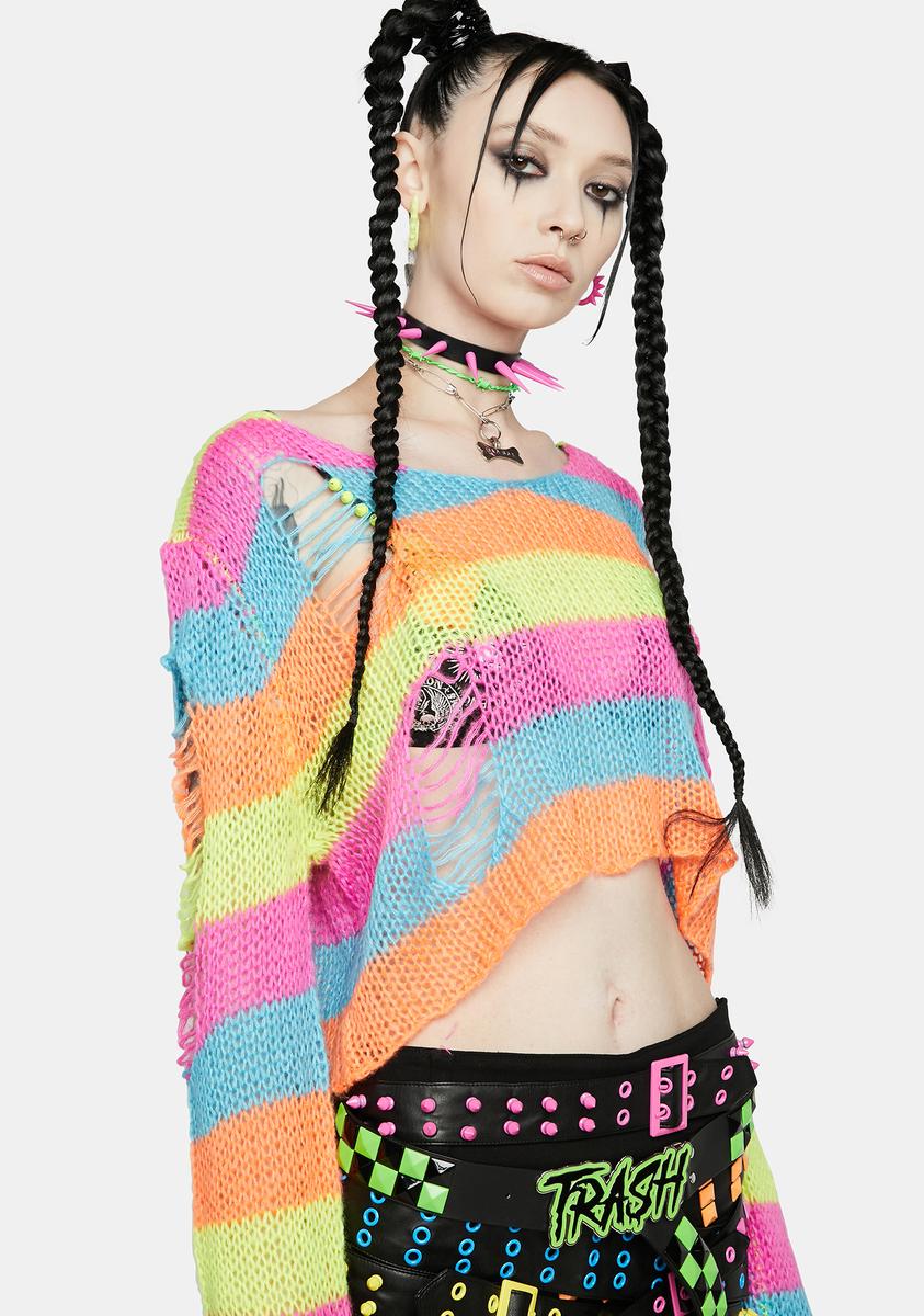Current Mood Multi Neon Striped Distressed Crop Sweater – Dolls Kill