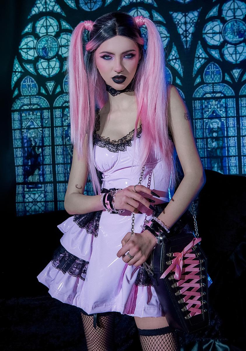 Widow Vinyl Tiered Lace Mini Dress - Pink/Black – Dolls Kill