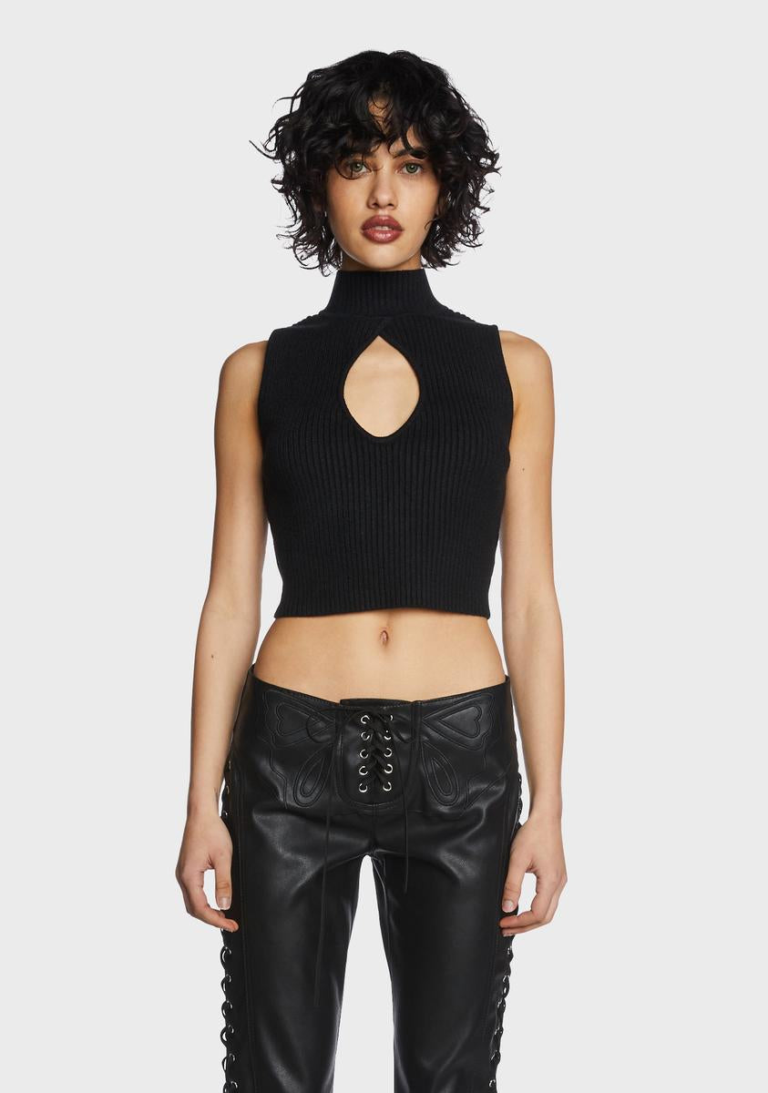 Pretty Garbage Ribbed Knit Mock Neck Sleeveless Keyhole Cut Out Crop ...