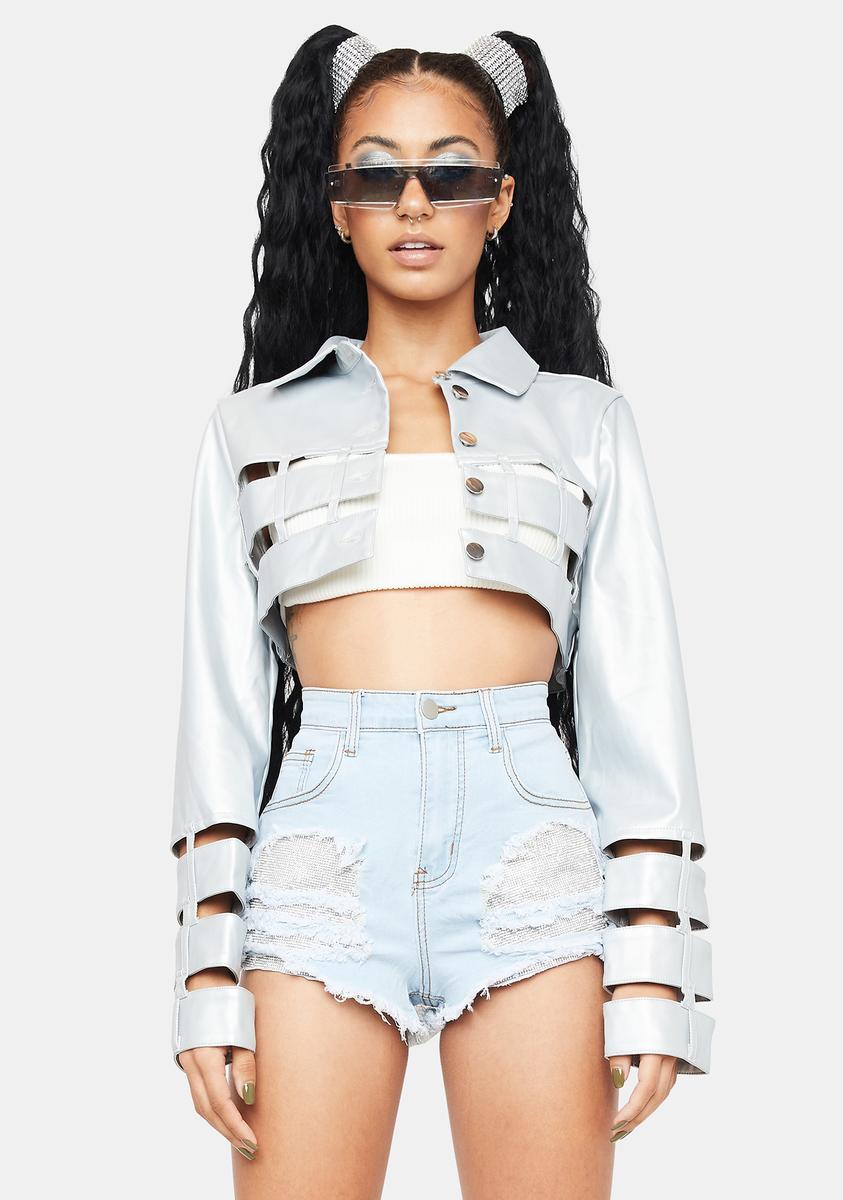 Cut Up Jacket Metallic Cropped Cut Out Long Sleeve Jacket - Silver – Dolls Kill