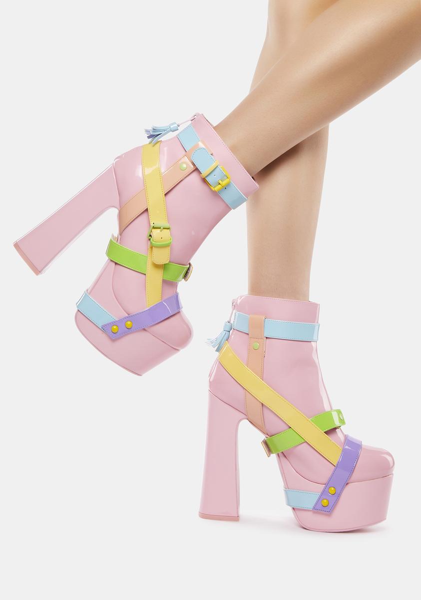 YRU Bondage Buckle Heeled Platform Ankle Boots - Pastel – Dolls Kill