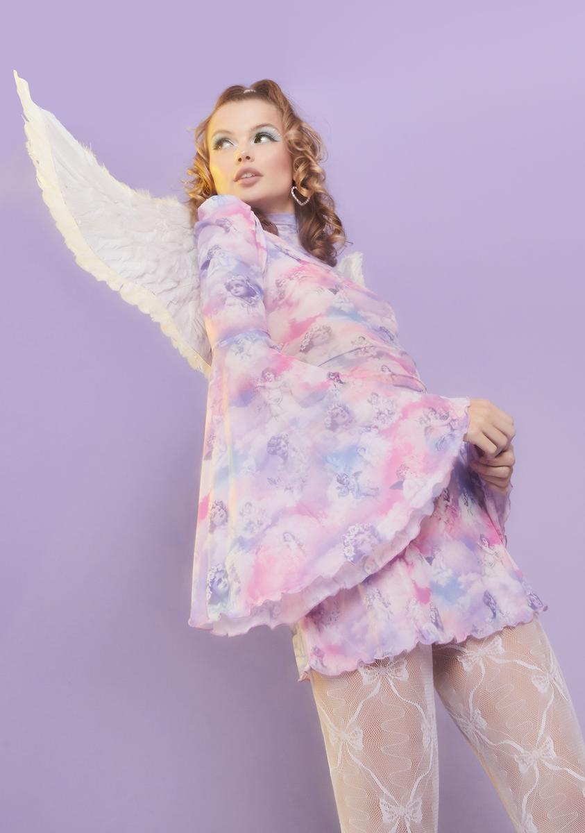 Sugar Thrillz Cherub Print Mesh Bell Sleeve Dress - Purple – Dolls 