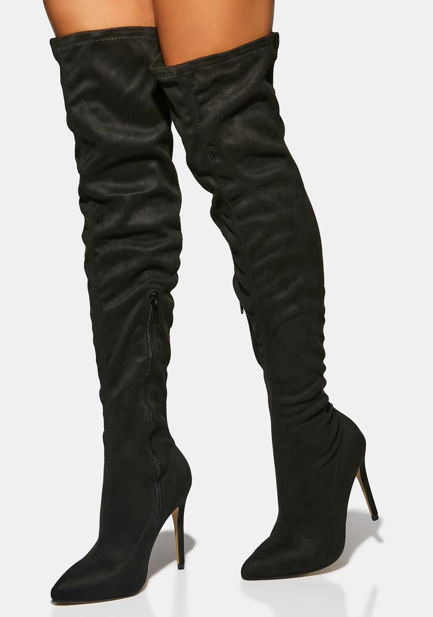Faux Suede Thigh High Pointed Toe Stiletto Boots - Black – Dolls Kill