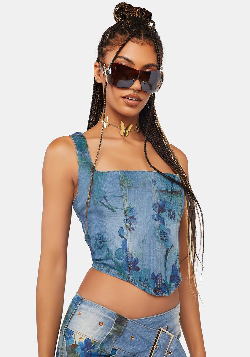 Jaded London Denim Floral Print Corset Multi Dolls Kill