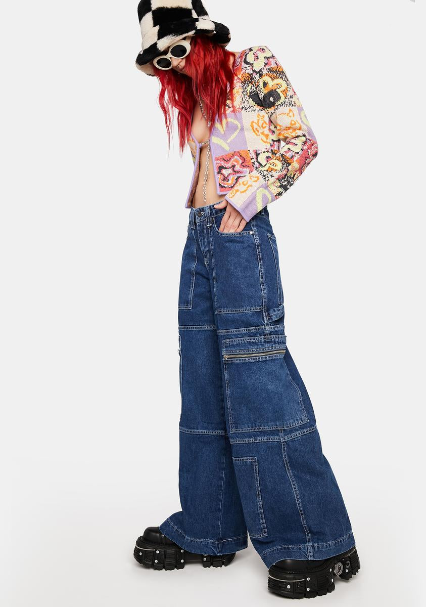 The Ragged Priest Low Rise Wide Leg Denim Cargo Jeans - Blue