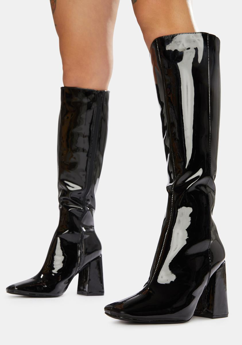 Public Desire Black Apology Patent Knee High Boots – Dolls Kill