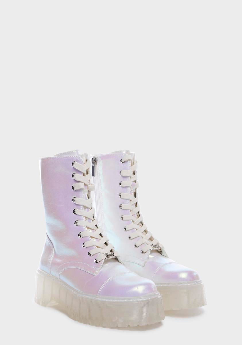 Sparkl Fairy Couture Platform Combat Boots White Iridescent Dolls Kill