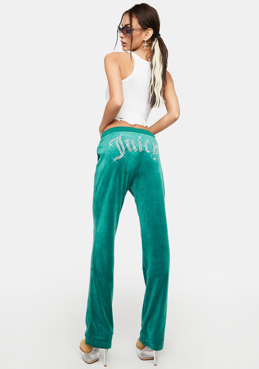 Juicy Couture Back Rhinestone Logo Velour Sweatpants - Green – Dolls Kill