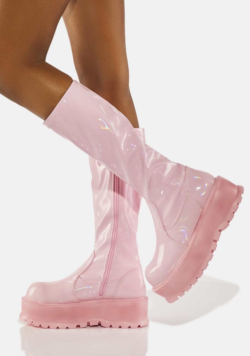 Demonia Holographic Stretch Knee High Platform Boots - Pink – Dolls Kill