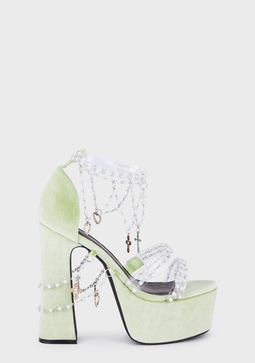 Sugar Thrillz Velvet Platform Beaded Heels - Light Green – Dolls Kill