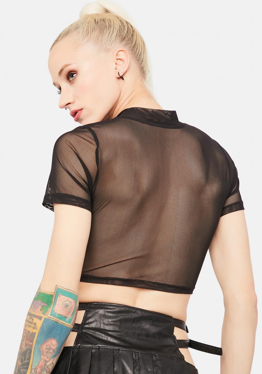 Harness Style Sheer Rhinestone Studded Mock Neck Crop Top Harness Style Sheer Rhinestone Studded Mock Neck Crop Top
