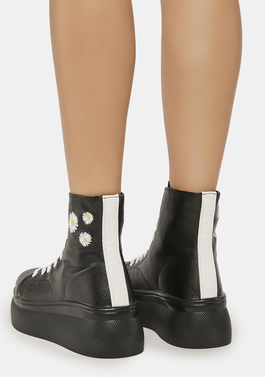 Vegan Leather Daisy Embroidered Lace Up Boots Black Dolls Kill