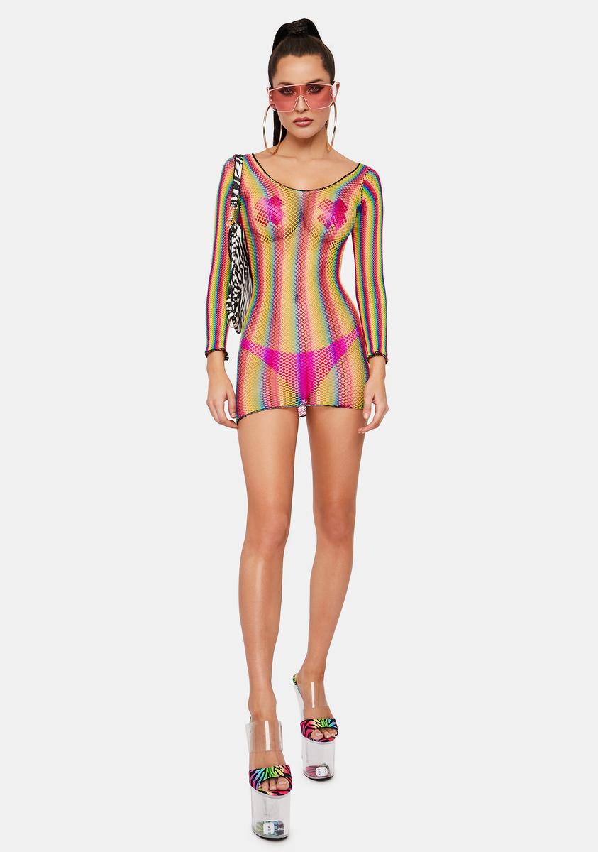 rainbow fishnet mini dress Fishnet Dress Stripe Rainbow Bodycon – Dolls Kill