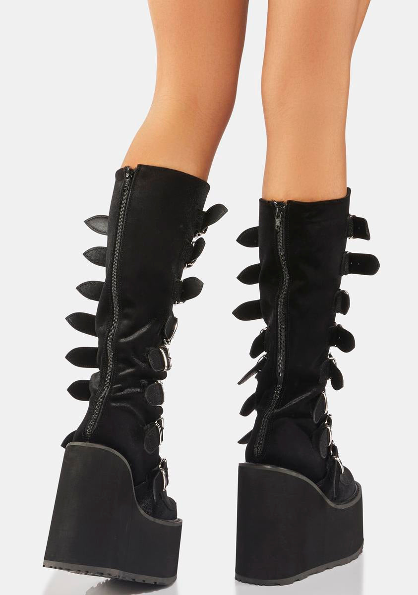 Y♢503 くぅ Swing 815 Black Oil Slick hologram Goth Punk Knee Boot 5.5