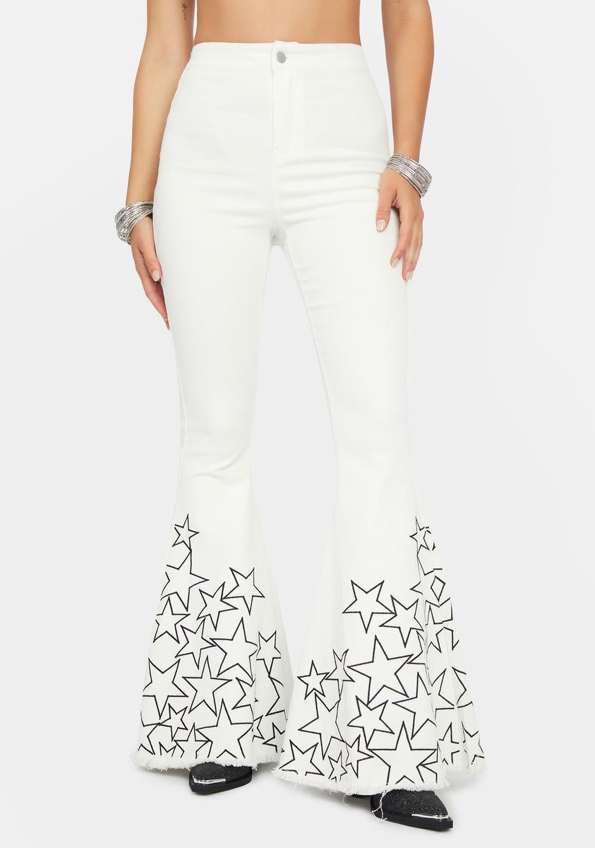 Bell Bottom Jeans With Embroidered Stars - White – Dolls Kill