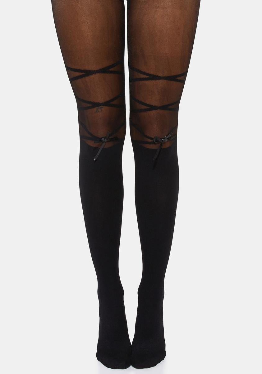 Wrap Around Print With Bow Thigh High Tights - Black – Dolls Kill