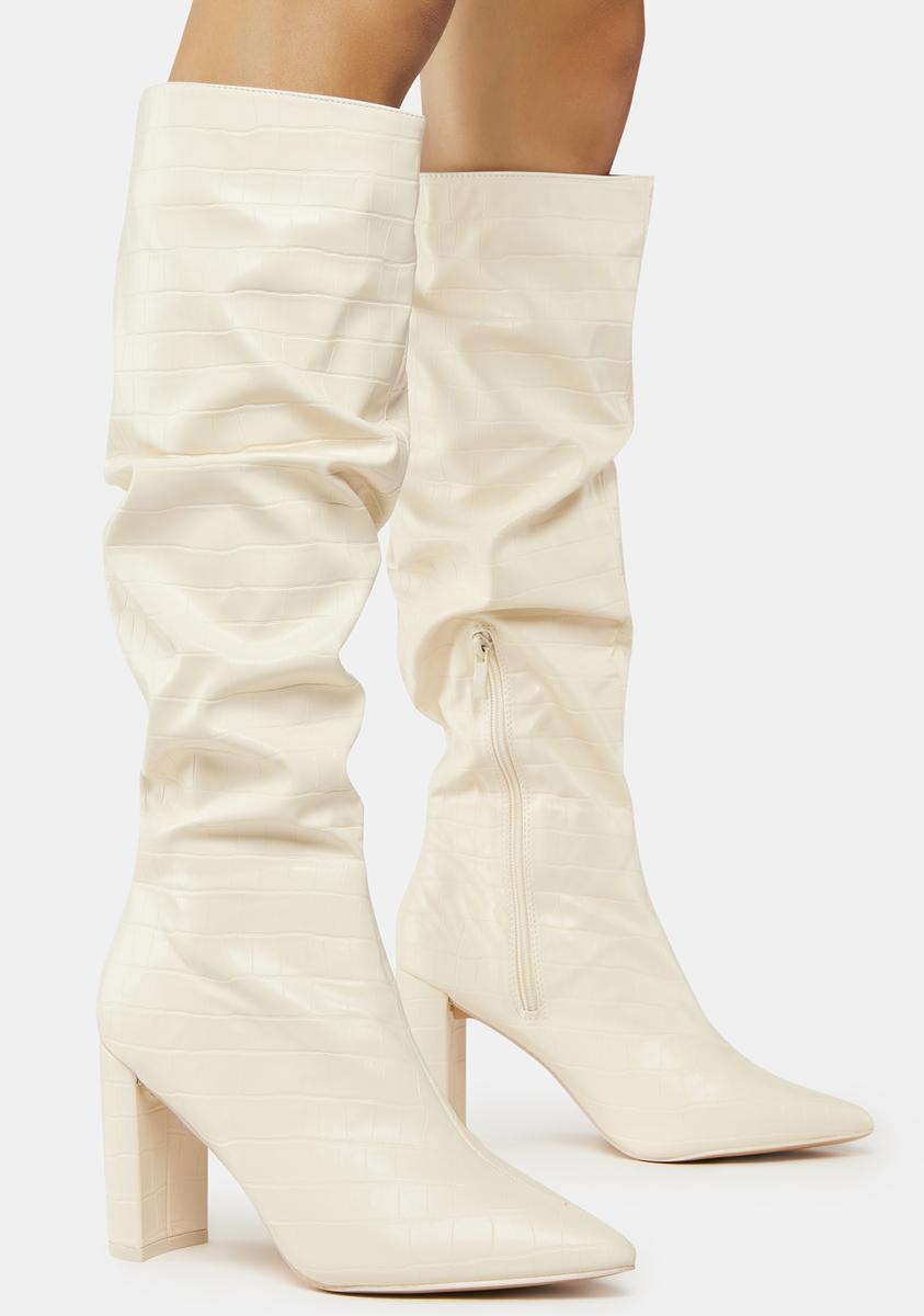 Public Desire Vegan Leather Ruched Crocodile Knee High Boots - White ...