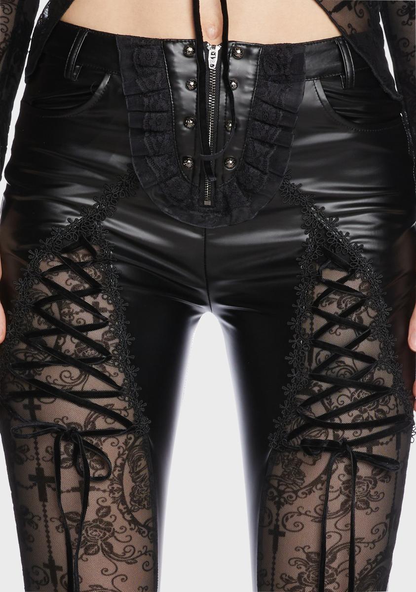 Devil Fashion Vegan Leather Splice Lace Skinny Pants - Black