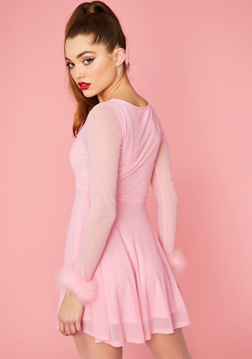 Marabou Mesh Long Sleeve Fit and Flare Dress - Pink Dolls Kill Marabou Mesh Long Sleeve Fit and Flare Dress - Pink Dolls Kill