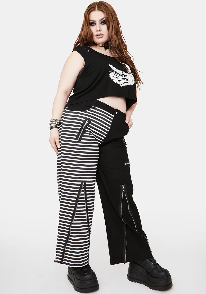 Plus Size Lost Queen Two Tone Striped Wide Leg Pants White Black Dolls Kill