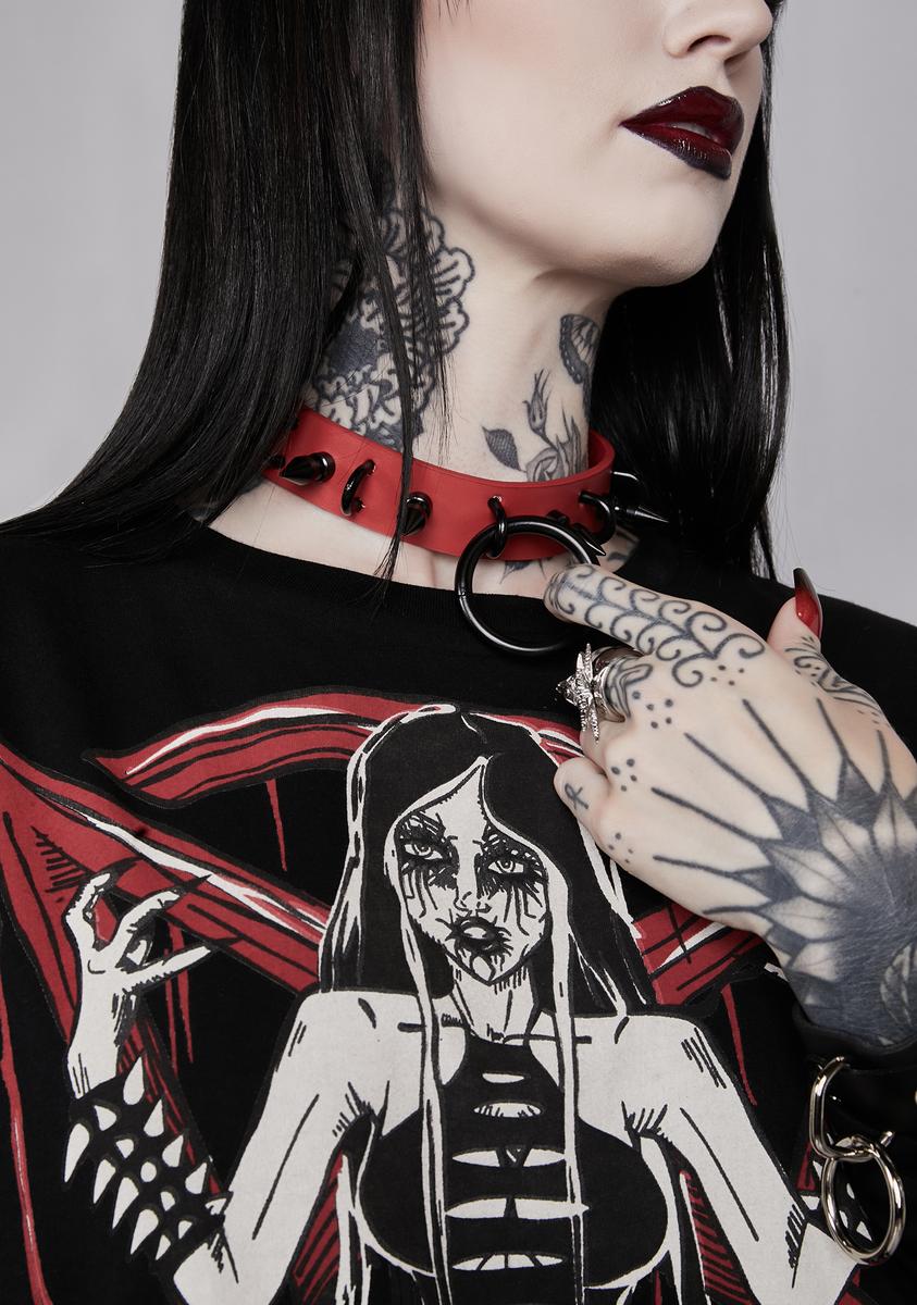 Black & Red O-Ring Spiked Choker With Loops Funk Plus,All Products : American Fashion Style Bags On Sale