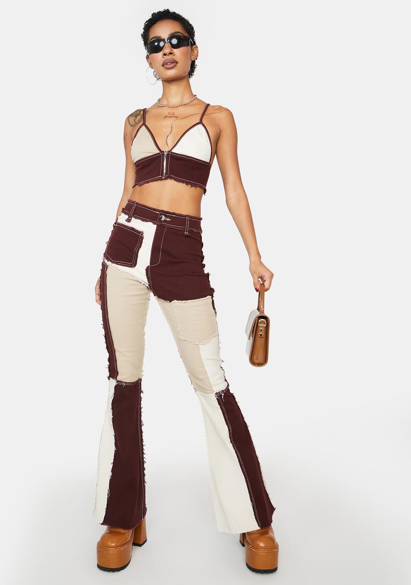 Patchwork Colorblock Raw Edge Triangle Zip Bralette And Flare Jeans ...