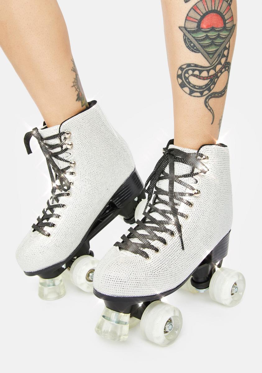 Poster Grl Rhinestone Quad Roller Skates - Silver – Dolls Kill