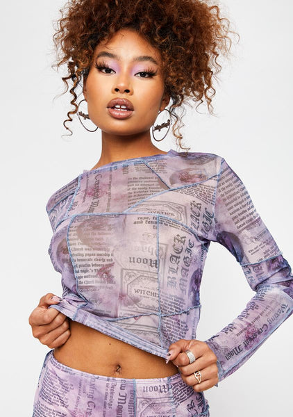 Horoscopez Sagittarius Moon Phase Graphic Mesh Crop Top - Purple