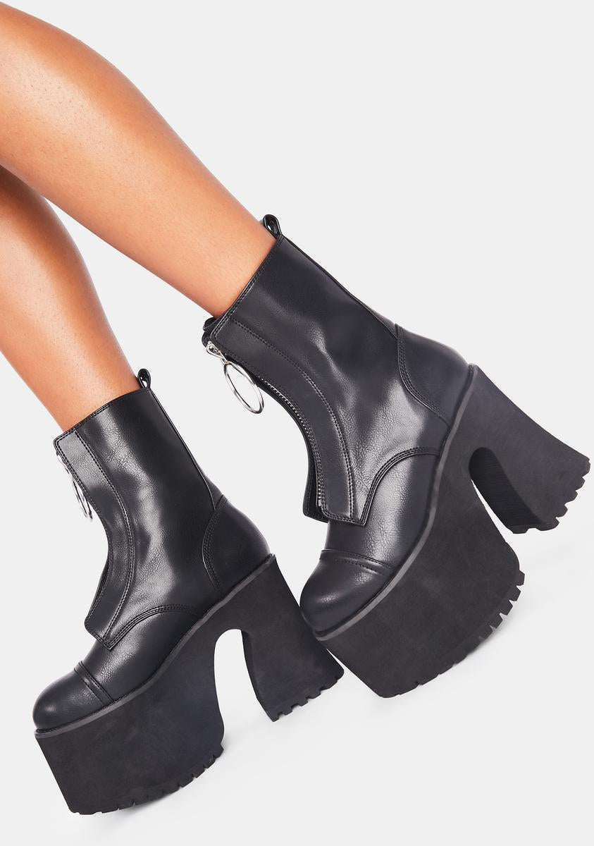 Current Mood O-Ring Front Zip Platform Boots - Black Vegan Leather