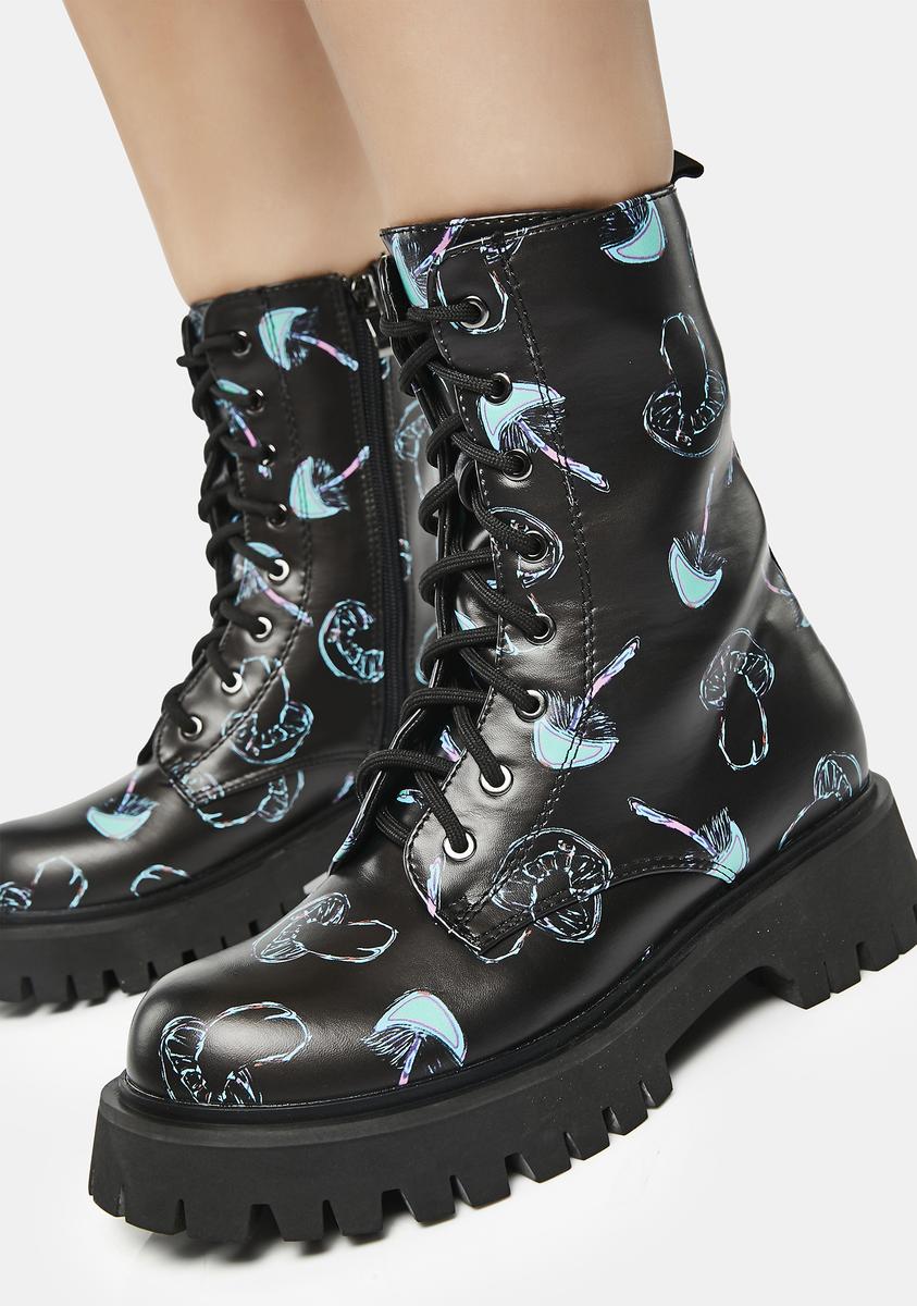 Koi Footwear Mushroom Print Combat Boots - Black – Dolls Kill