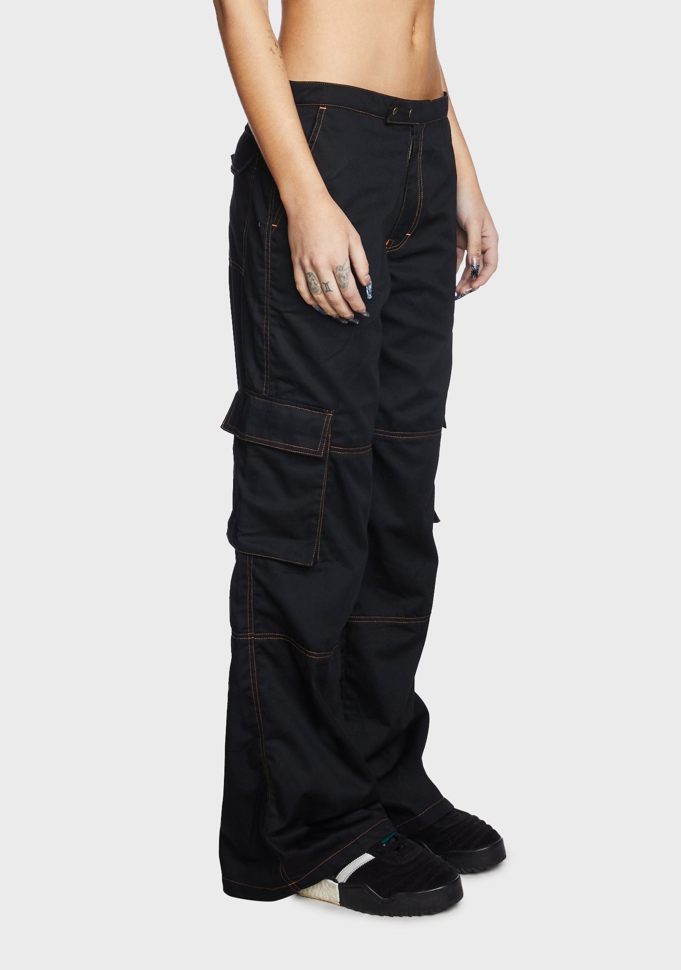 Motel Baggy Low Waist Cargo Pants Black w/ Orange Stitch Dolls Kill