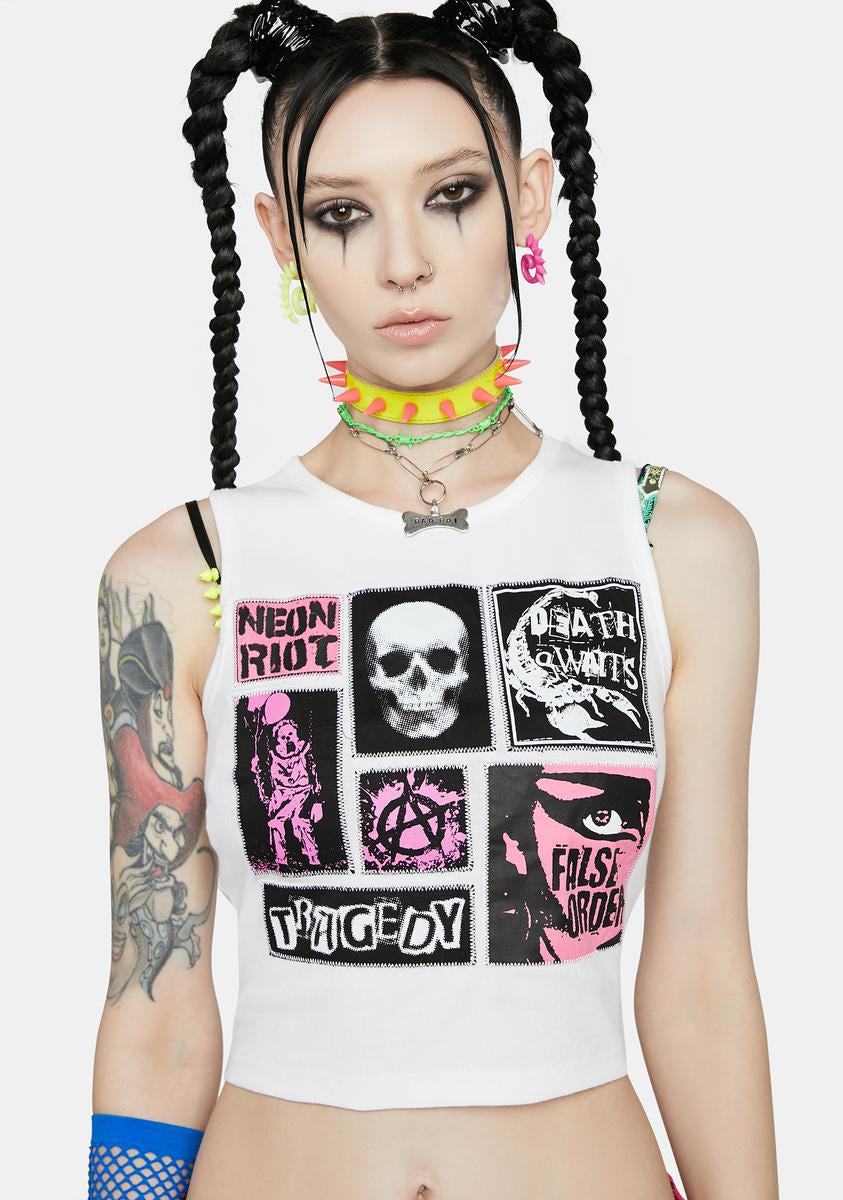 Current Mood Punk Skeleton Anarchy Clown Patch Tank Crop Top - White ...