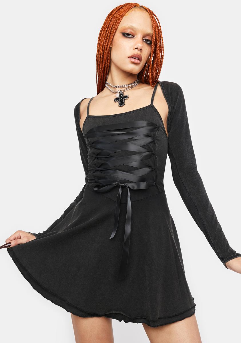 Current Mood Corset Lace Mini Dress Shrug - Black – Dolls Kill