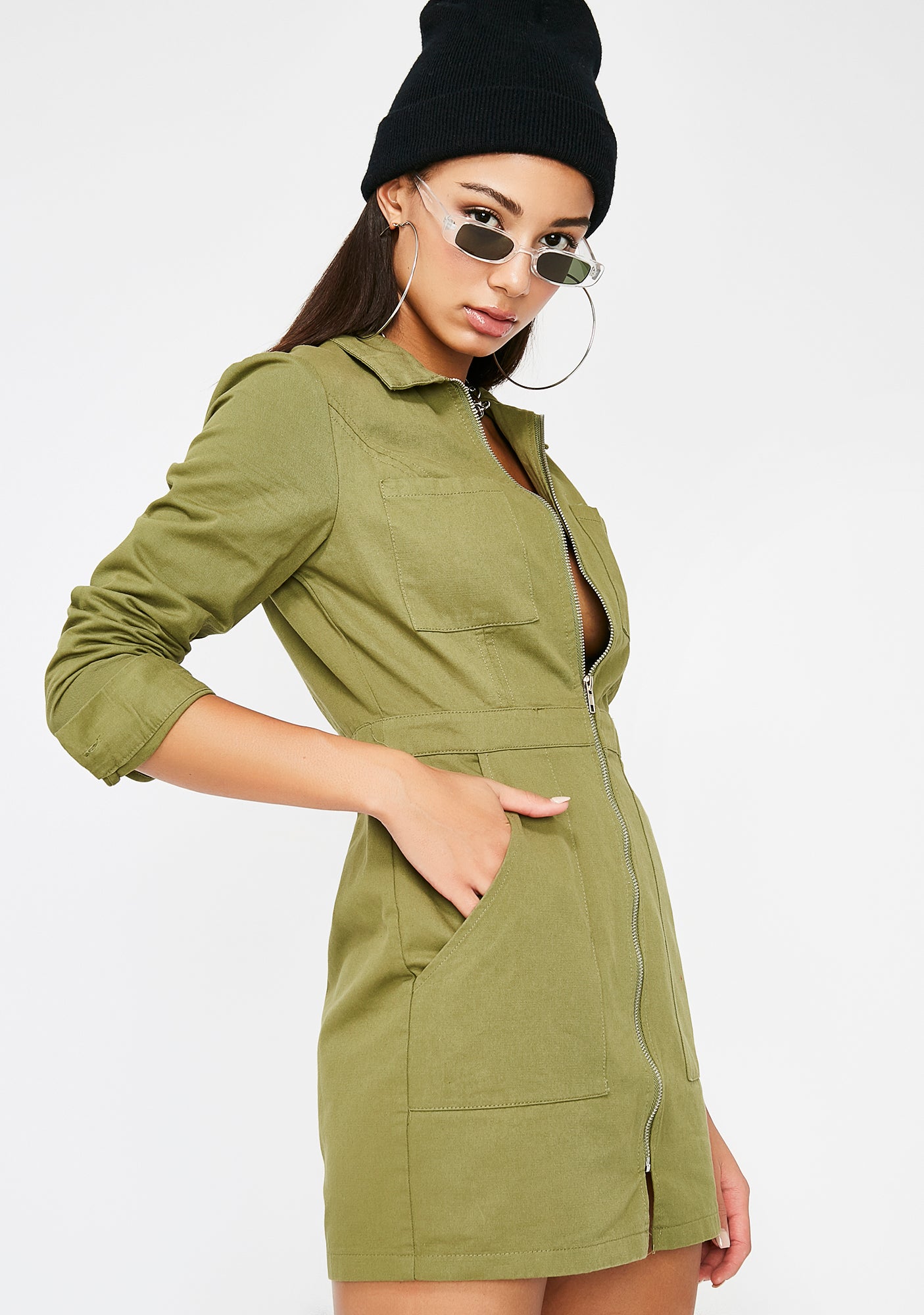 Utility Long Sleeve Mini Dress Olive – Dolls Kill