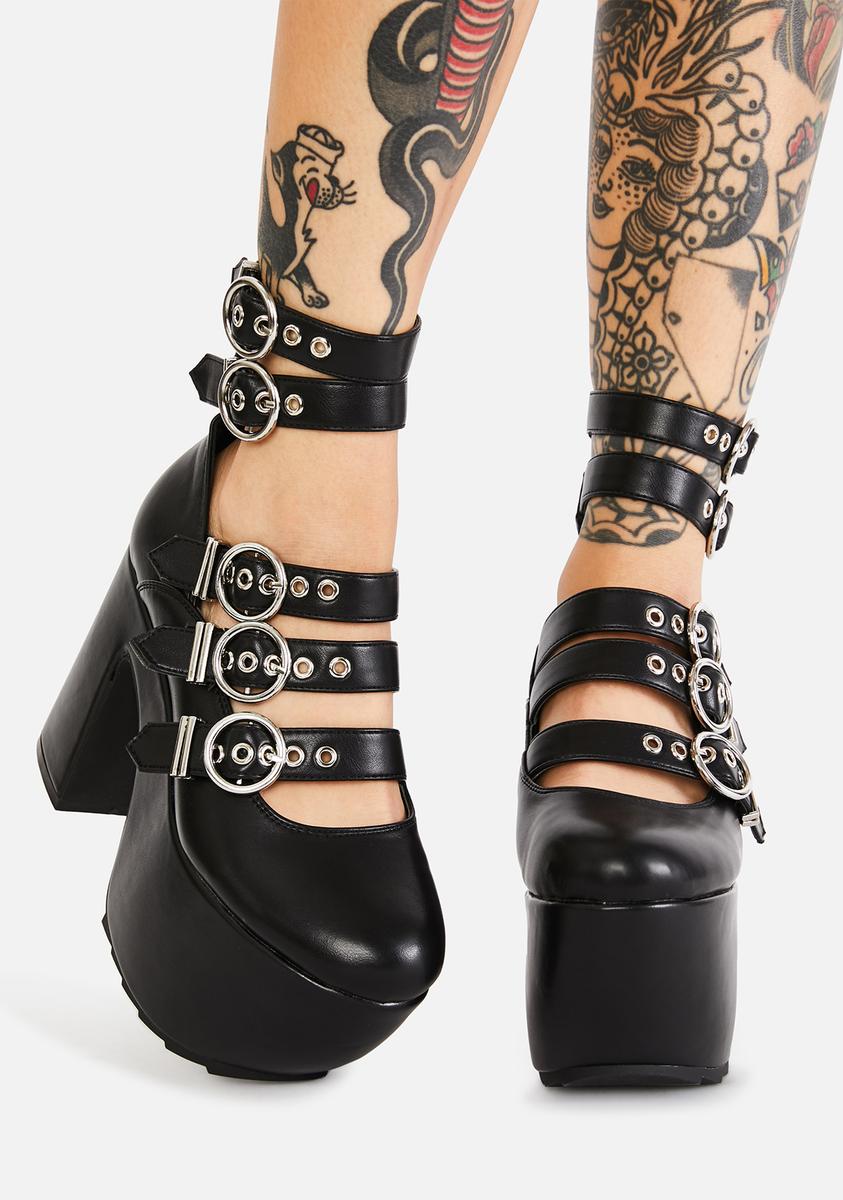 Lamoda Round Toe O-Ring Platform Heels - Black Vegan Leather – Dolls Kill