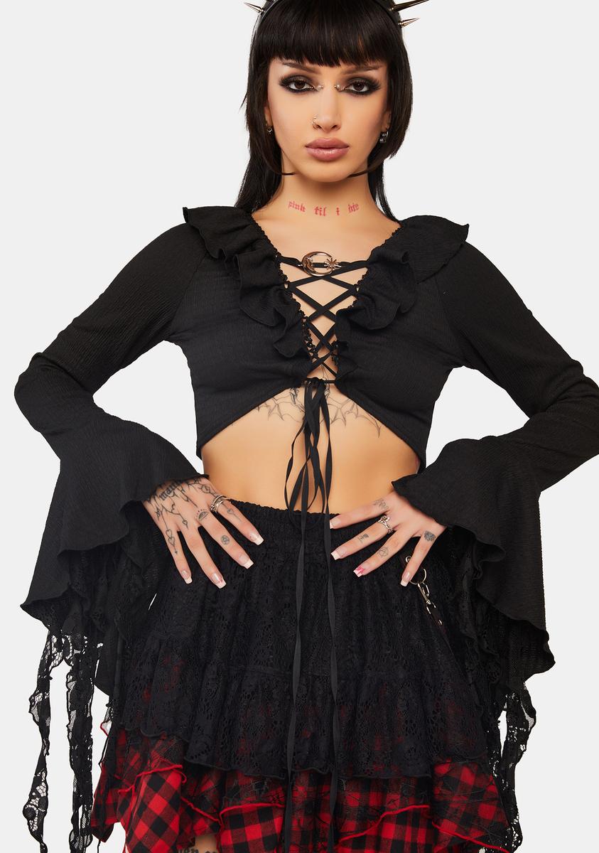 Gothic Witch Ripped Sleeves Ruffle Neck Crop Top – Dolls Kill