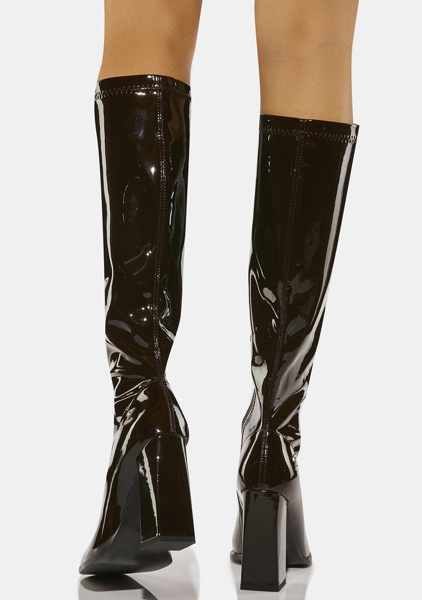 Zemeta Vegan Leather Vinyl Knee High Boots - Brown – Dolls Kill