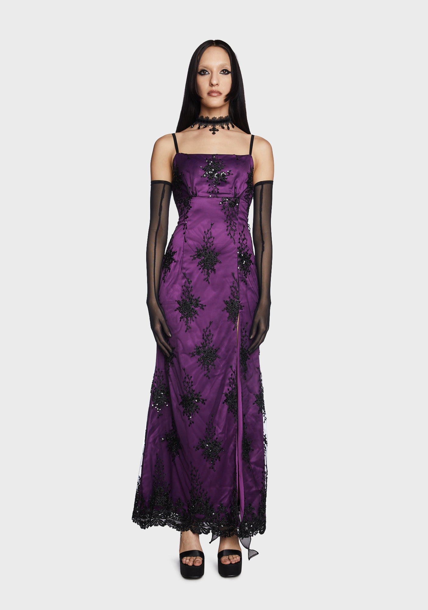 Unholy Satin Embroidered Sequin Maxi Dress - Purple – Dolls Kill
