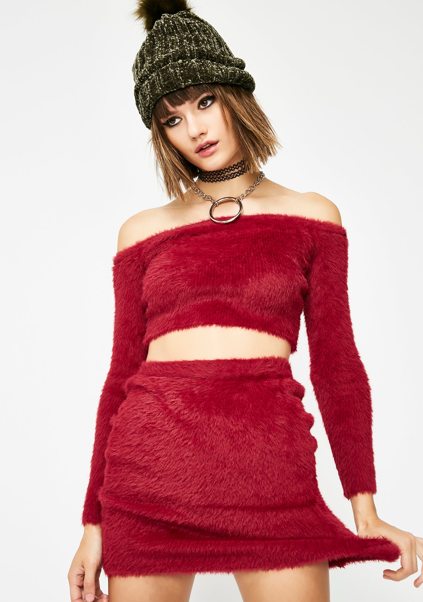 Burgundy Fuzzy Skirt Set – Dolls Kill