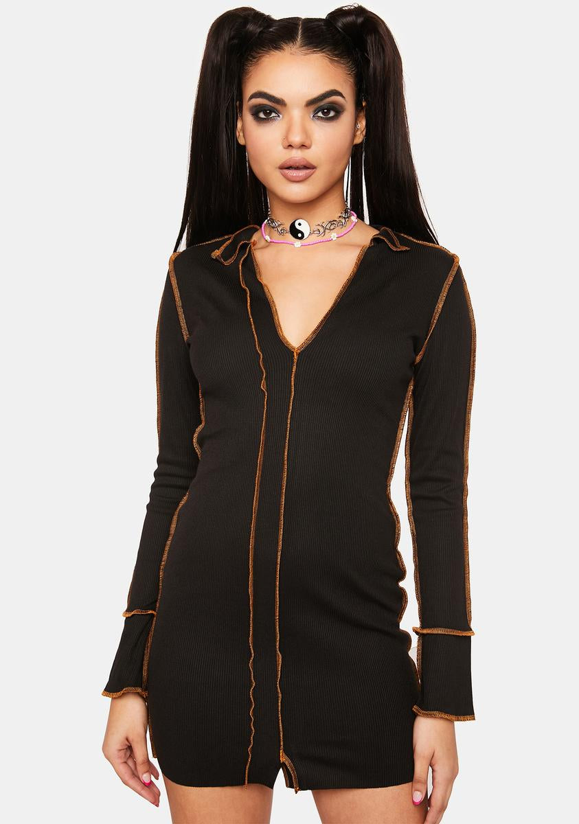 Exposed Stitch Long Sleeve Collared V Neck Mini Dress - Black Dolls Kill Exposed Stitch Long Sleeve Collared V Neck Mini Dress - Black Dolls Kill