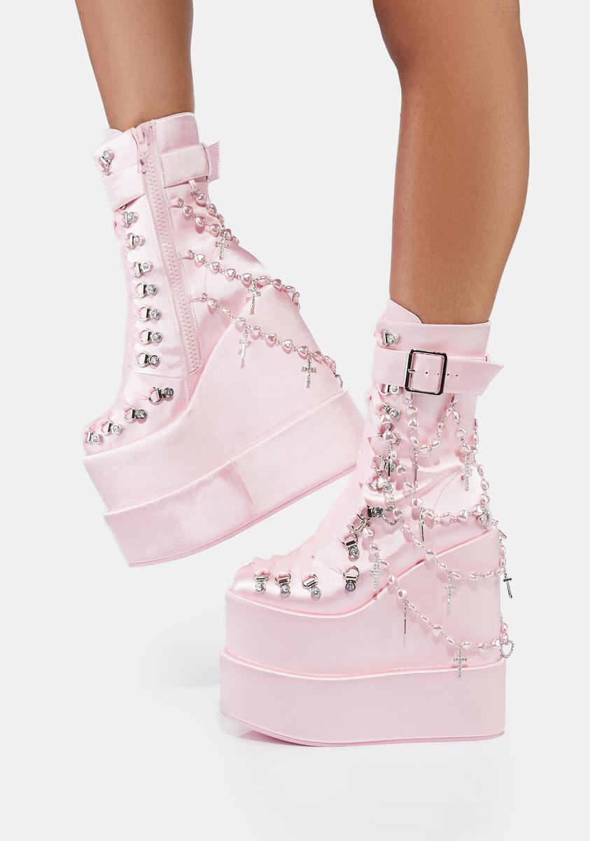 Sugar Thrillz Rosary Double Stack Wedge Platform Boots - Pink – Dolls Kill